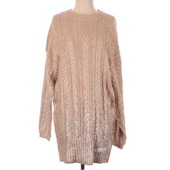 Free People Good as Gold Metallic Cable Knit Sweater Sz S - Picture 3 of 9